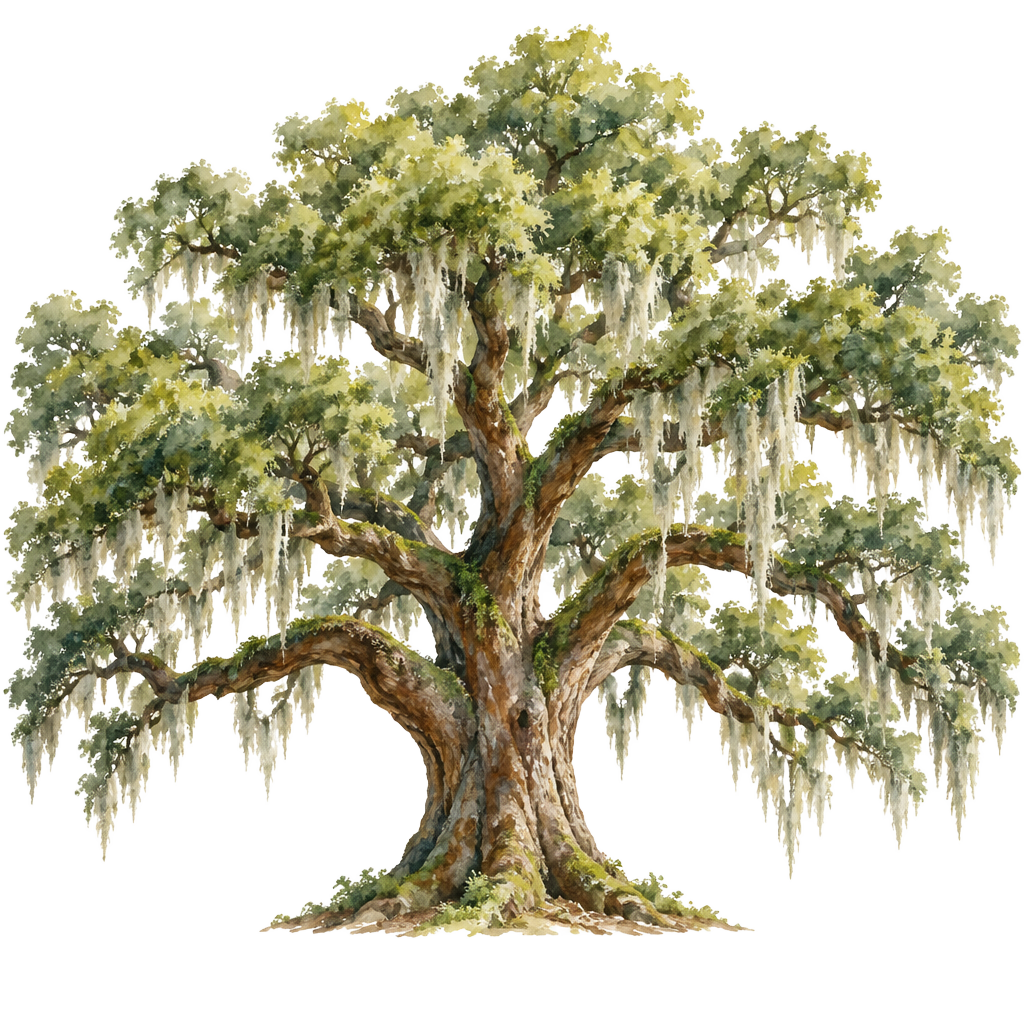 Watercolor live oak draped in Spanish moss